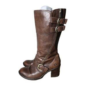 Born Treddy Boots Leather Moto Style Mid Calf Brown Flannel Lined Womens Sz 7.5